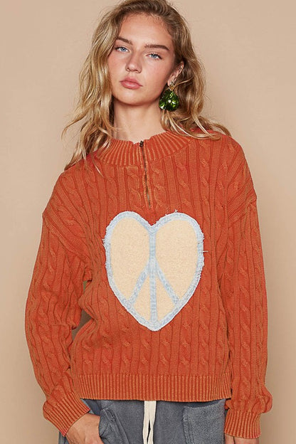 Back To School Sweater - POL Cable-Knit Peace Patch Dropped Shoulder Sweater