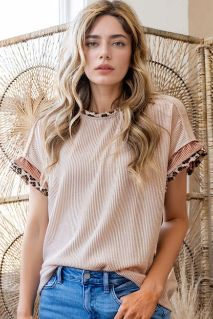 Leopard Trim Round Neck Ribbed T-Shirt Beige