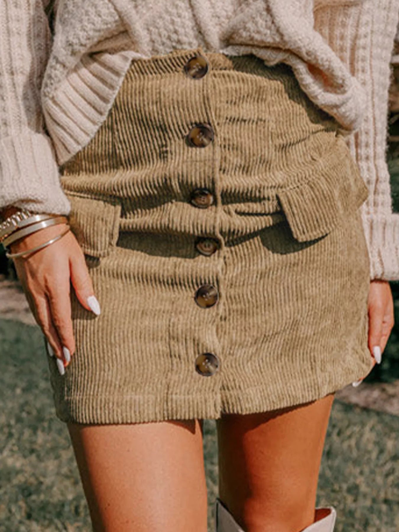 Corduroy Buttoned Front Mini Skirt Camel