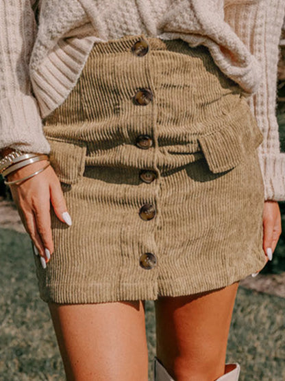 Corduroy Buttoned Front Mini Skirt Camel