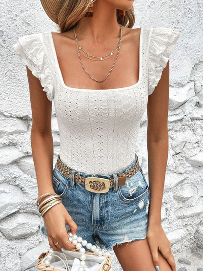 Ruffled Square Neck Eyelet Top
