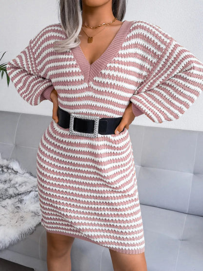 Striped V-Neck Long Sleeve Sweater Dress