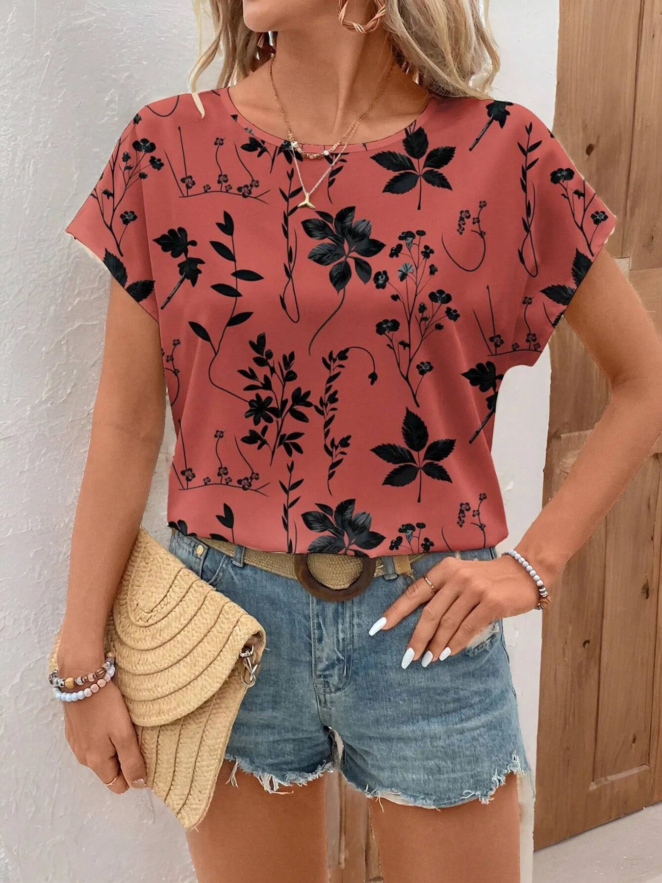 Printed Round Neck Short Sleeve Blouse Red