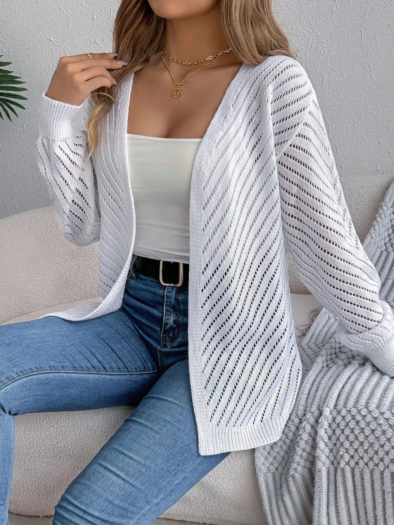 Openwork Open-Front Long Sleeve Cardigan White
