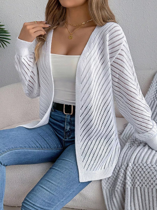 Openwork Open-Front Long Sleeve Cardigan White