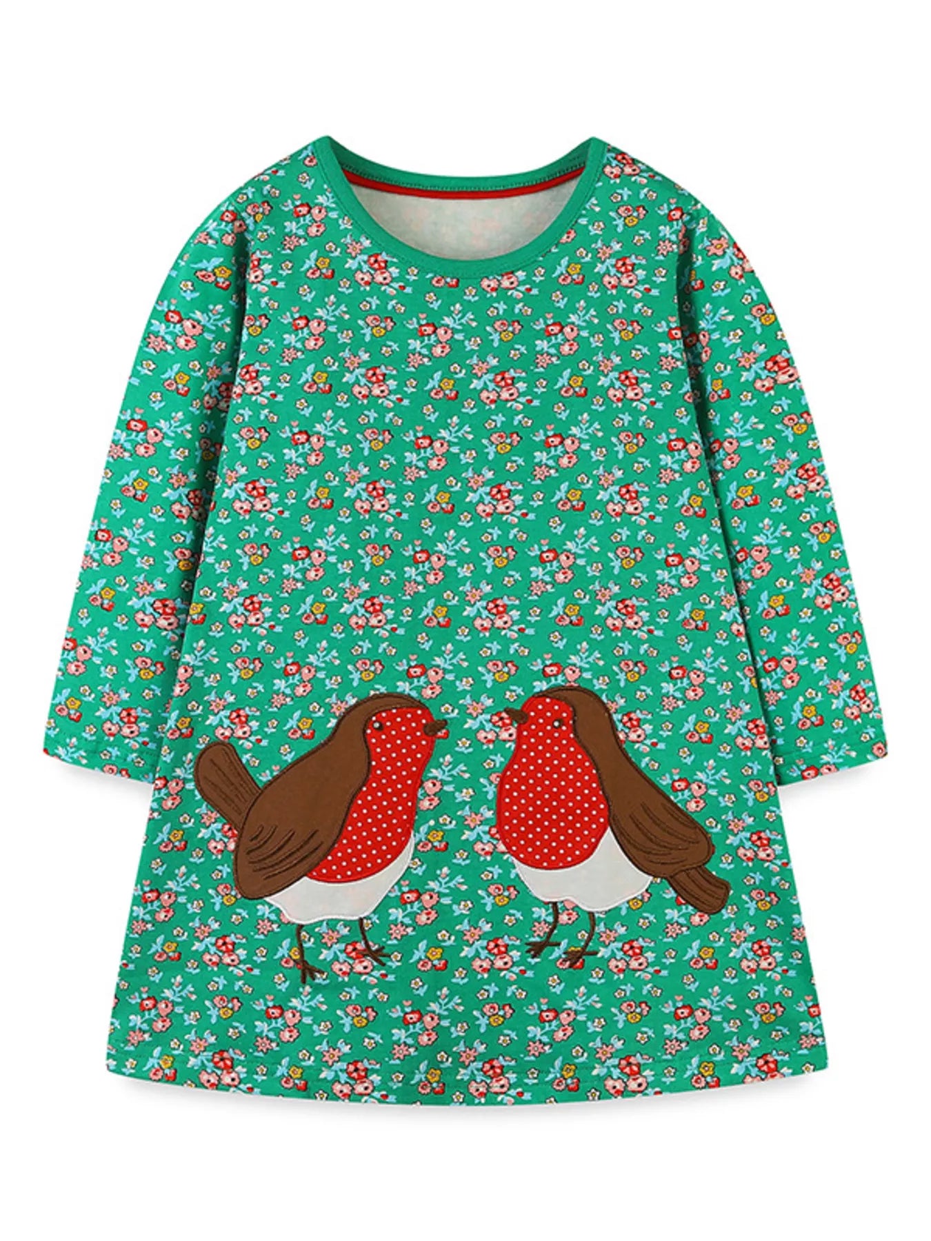 Children's Floral Print Bird Long Sleeve Dress