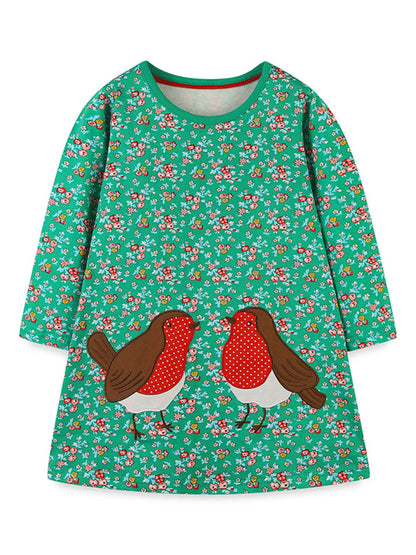 Children's Floral Print Bird Long Sleeve Dress