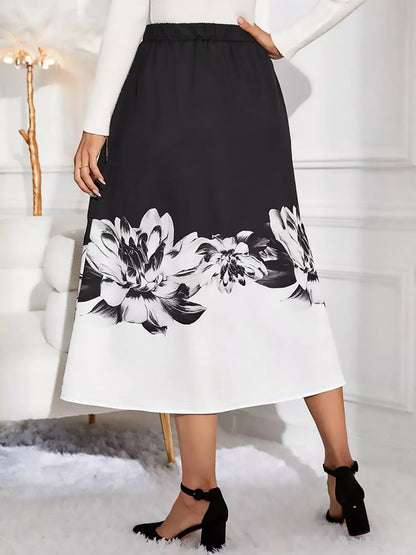 Floral Print A-Line Midi Skirt Black