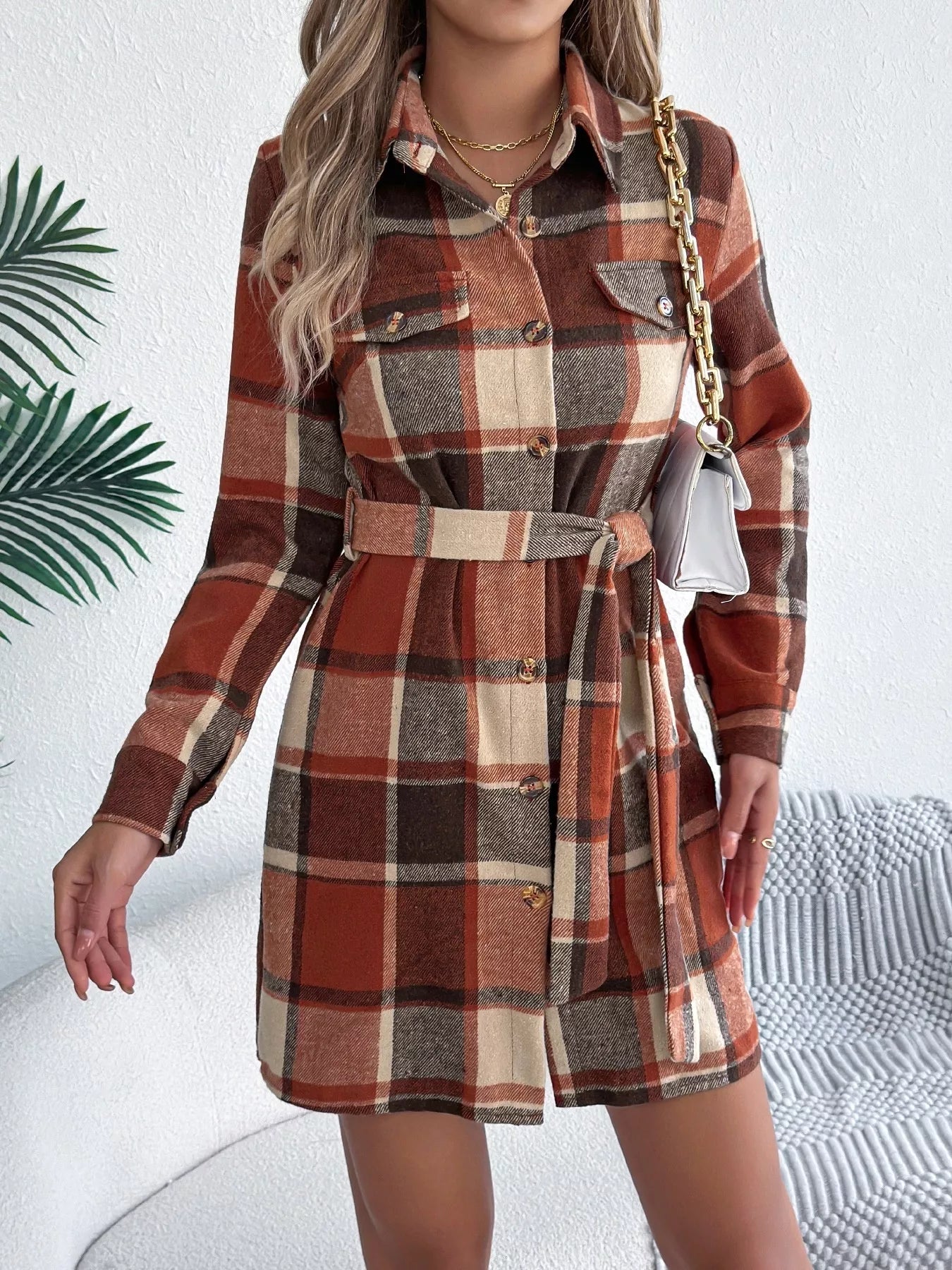 Plaid Button Front Tie Waist Shirt Dress Orange
