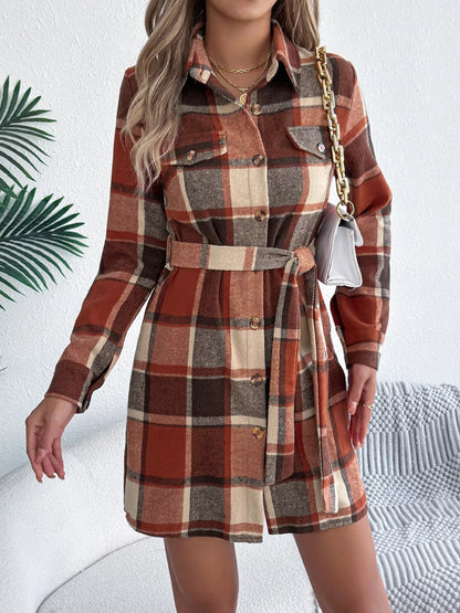Plaid Button Front Tie Waist Shirt Dress Orange