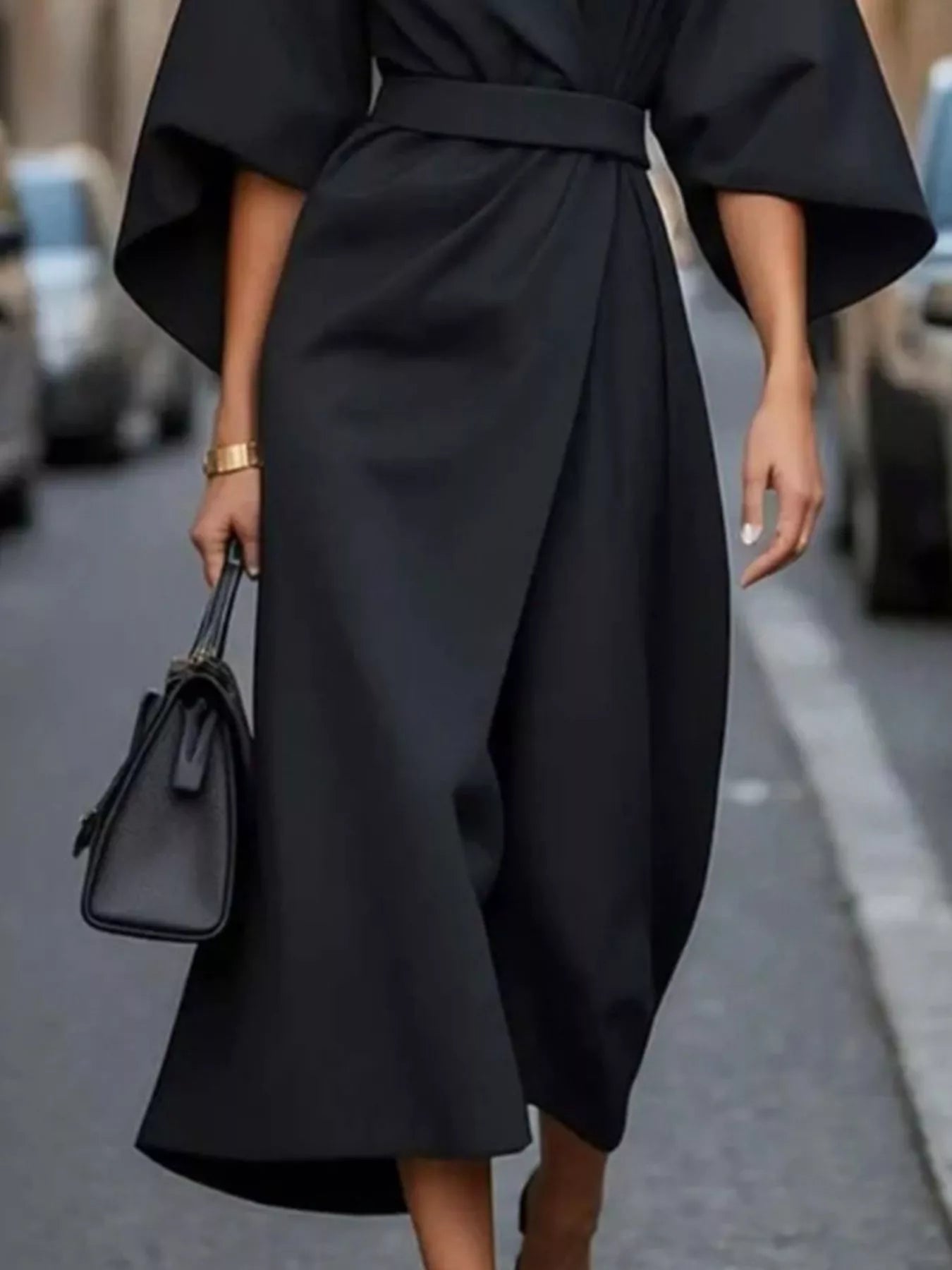 Round Neck 3/4 Sleeve Dress Black