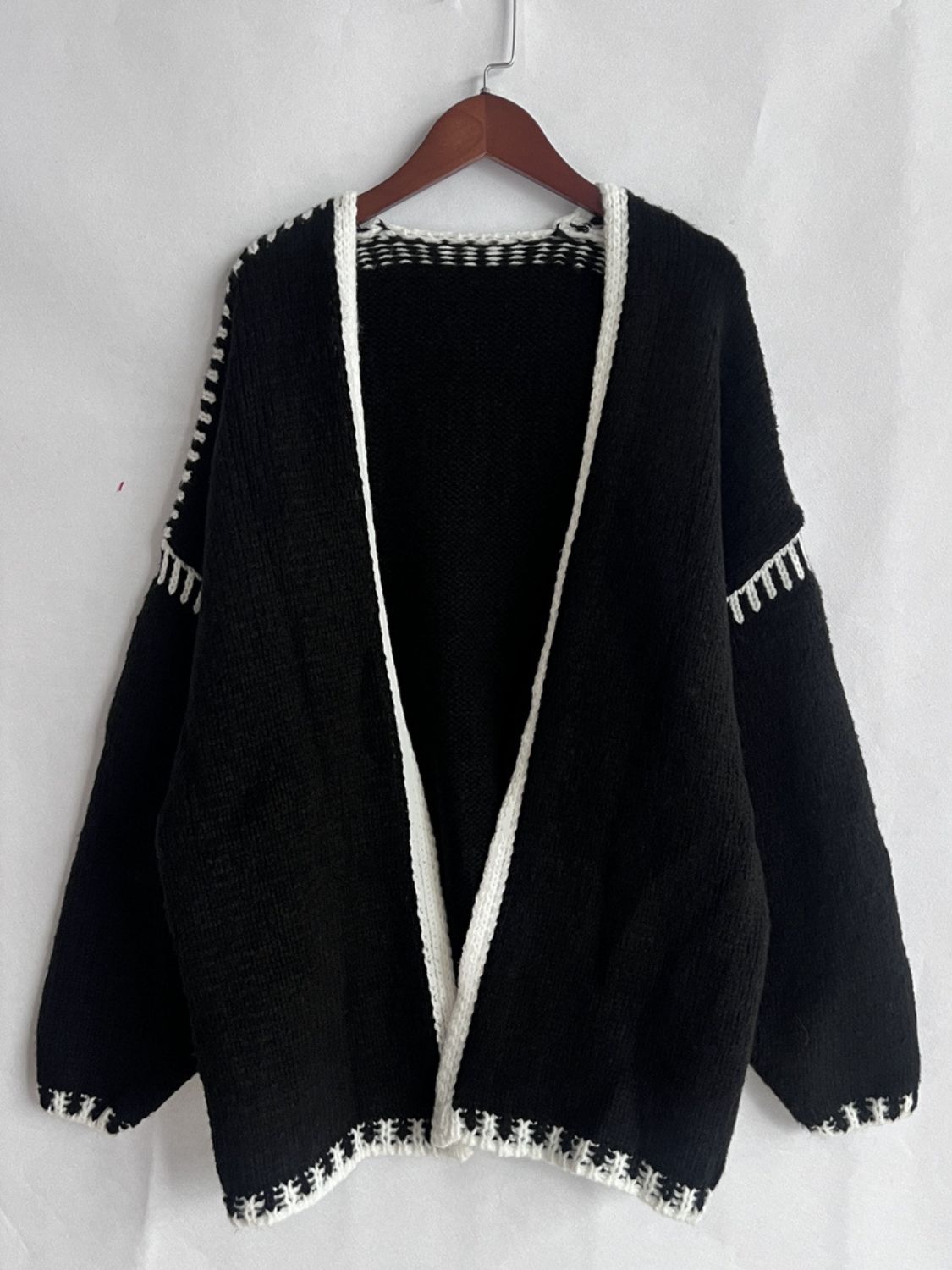 Back To School Sweater - Double Take Contrast Open Front Dropped Shoulder Cardigan