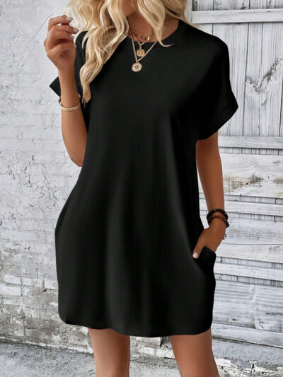 Round Neck Short Sleeve Mini Tee Dress with Pockets