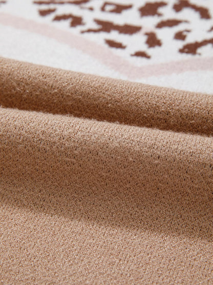 Leopard Color Block Knit Round Neck Baggy Sweater