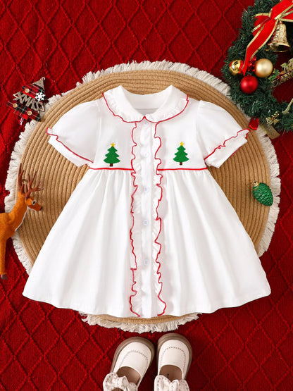 Children's Christmas Tree Embroidered Ruffle Trim Dress White