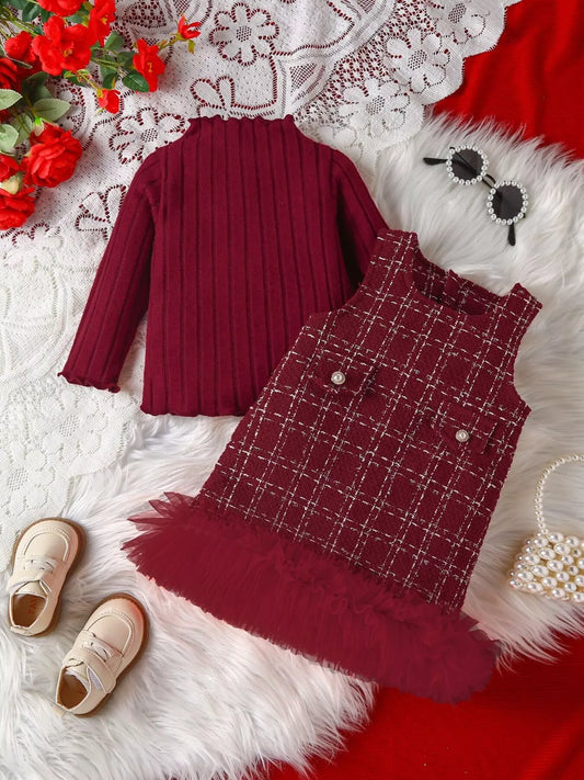 Children's Ribbed Knit Top and Dress Set Burgundy