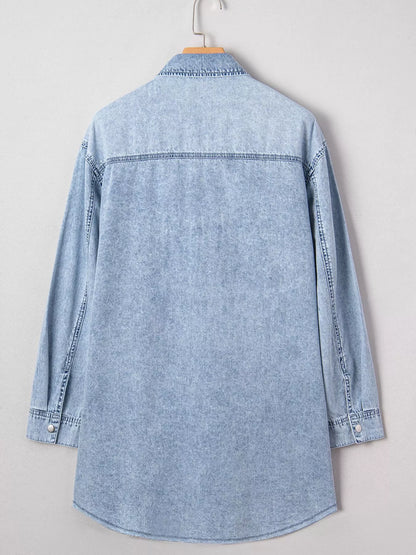 Chest Pocket Raw Hem Denim Loose Shirt Dress