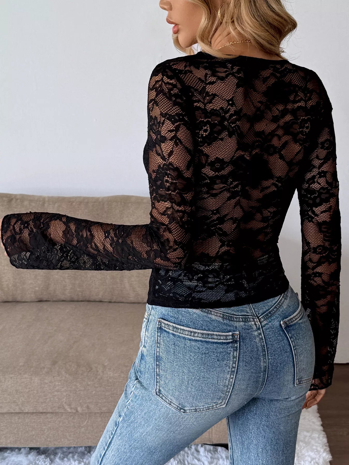 Lace V-Neck Long Sleeve T-Shirt
