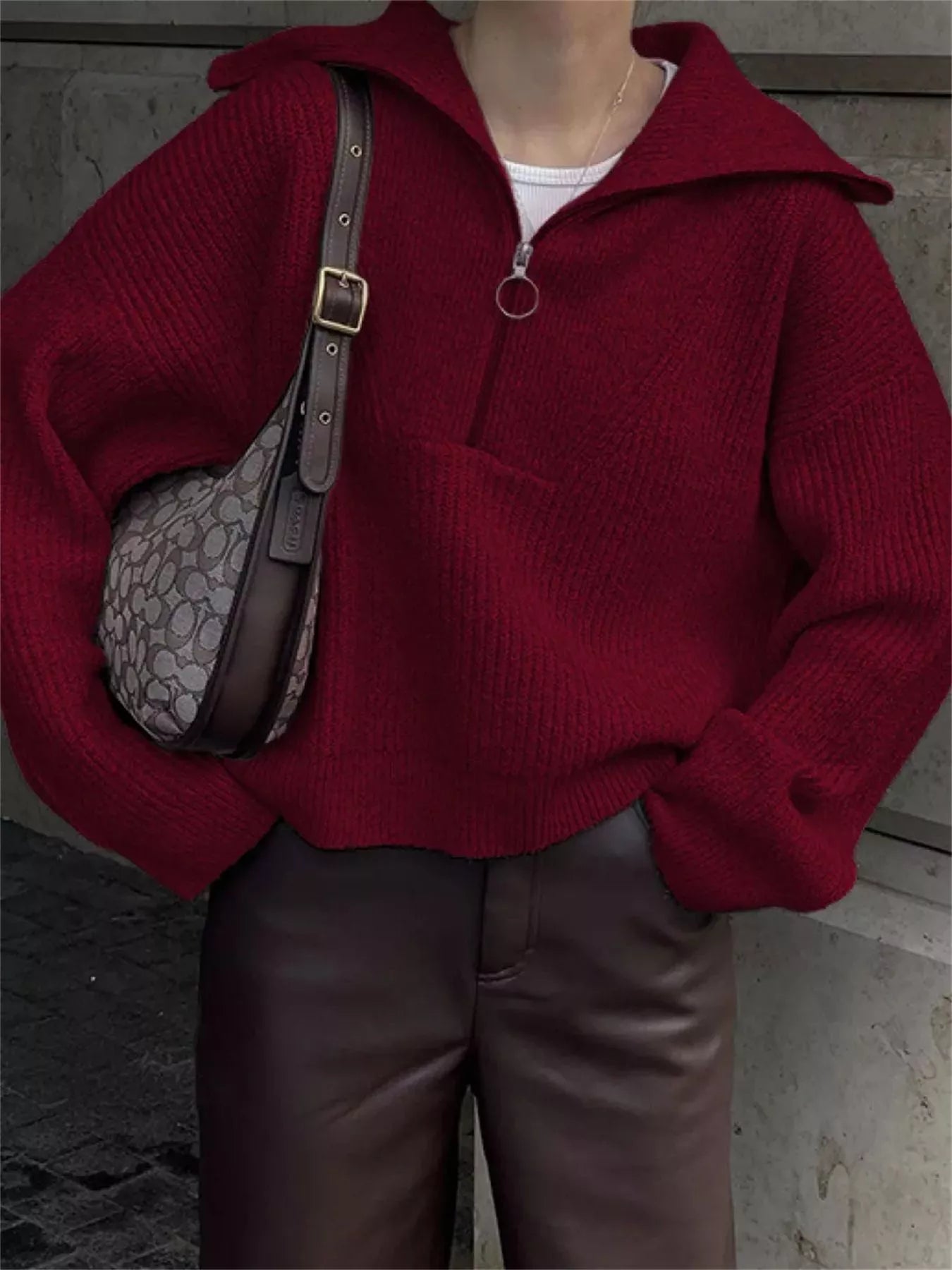 Half Zip Dropped Shoulder Sweater Burgundy One Size