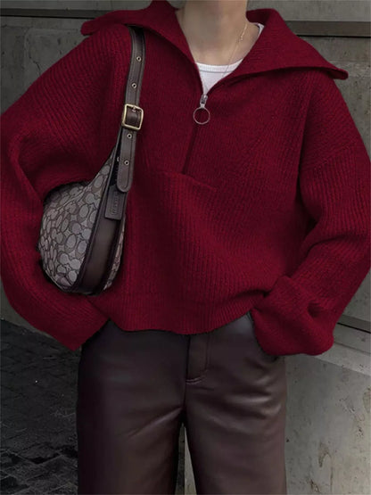 Half Zip Dropped Shoulder Sweater Burgundy One Size