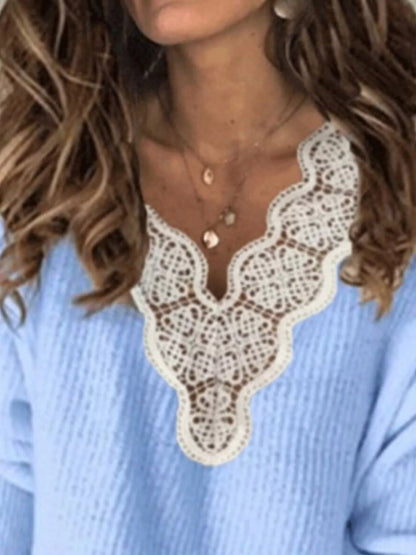 Full Size Lace Trim V-Neck Sweater Plus Size