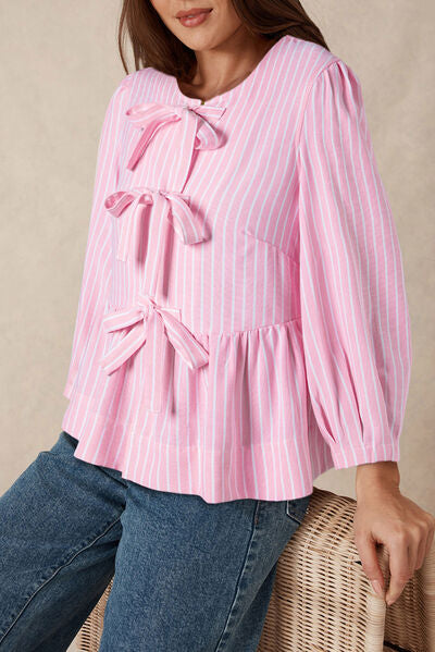 Tied Bow Striped Round Neck Blouse Blush Pink L