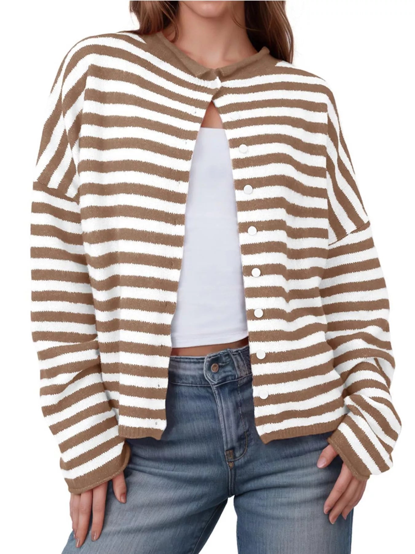 Striped Button-Up Cardigan Coffee Brown
