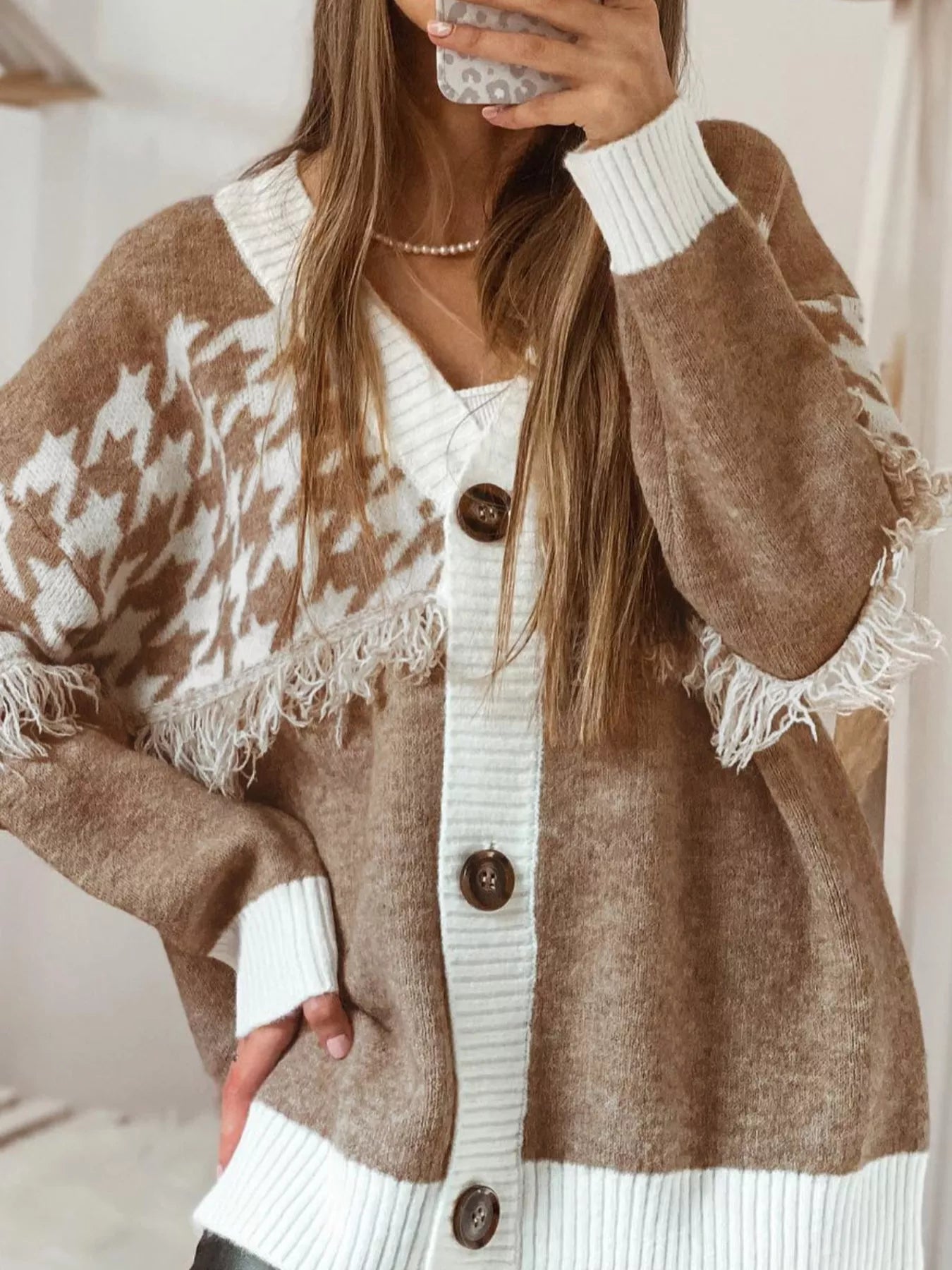 Fringe Trim Button-Up Cardigan Mocha