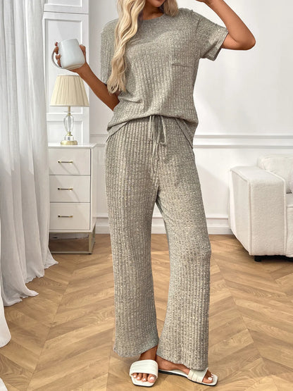 Ribbed Knit Short Sleeve Top and Pants Lounge Set