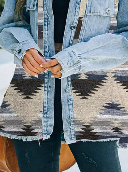 Printed Botton Down Long Sleeve Denim Jacket
