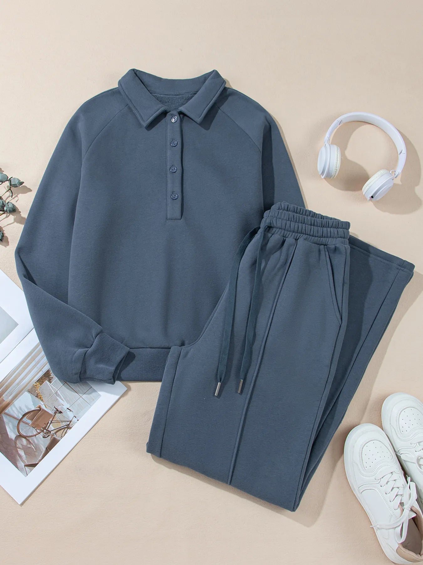 Collared Sweatshirt and High Waist Pants Active Set