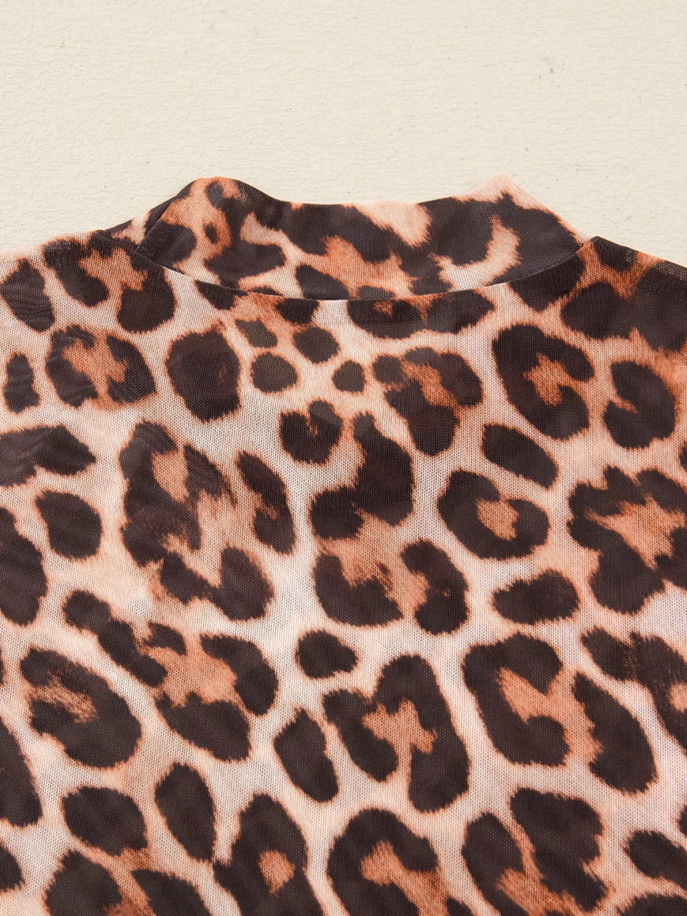 Leopard Mock Neck Long Sleeve Mesh Top