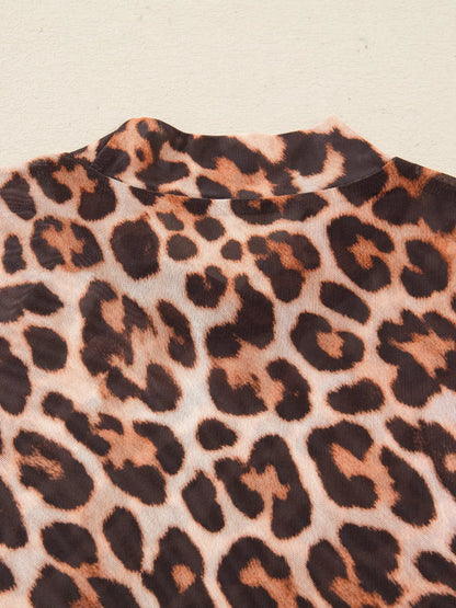 Leopard Mock Neck Long Sleeve Mesh Top