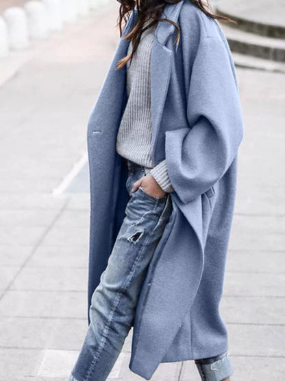 Full Size Wool Blend Longline Overcoat Plus Size Blue