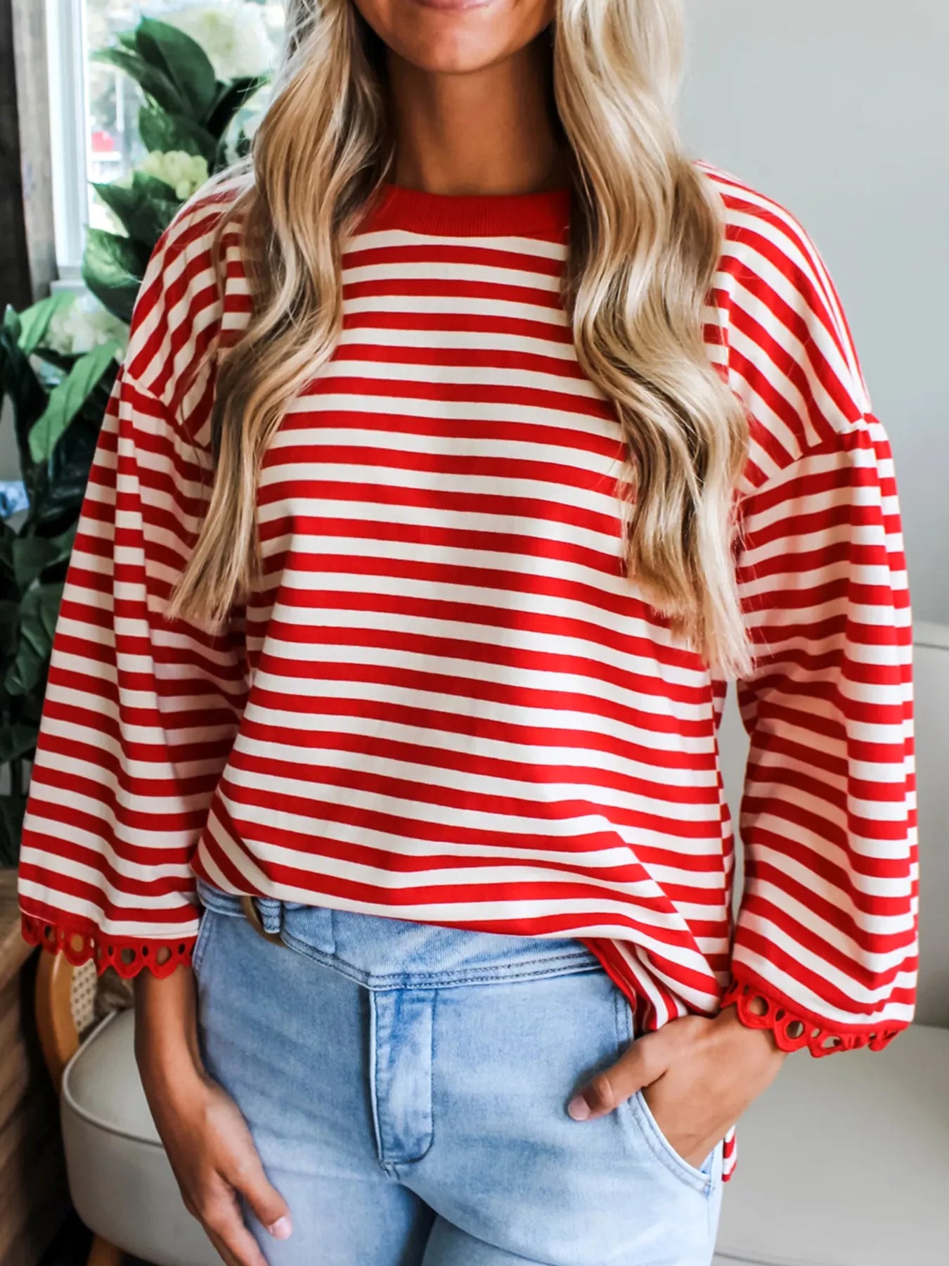 Striped Print Drop Shoulder Lace Trim Loose Top Red