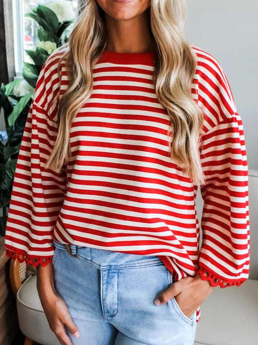Striped Print Drop Shoulder Lace Trim Loose Top Red