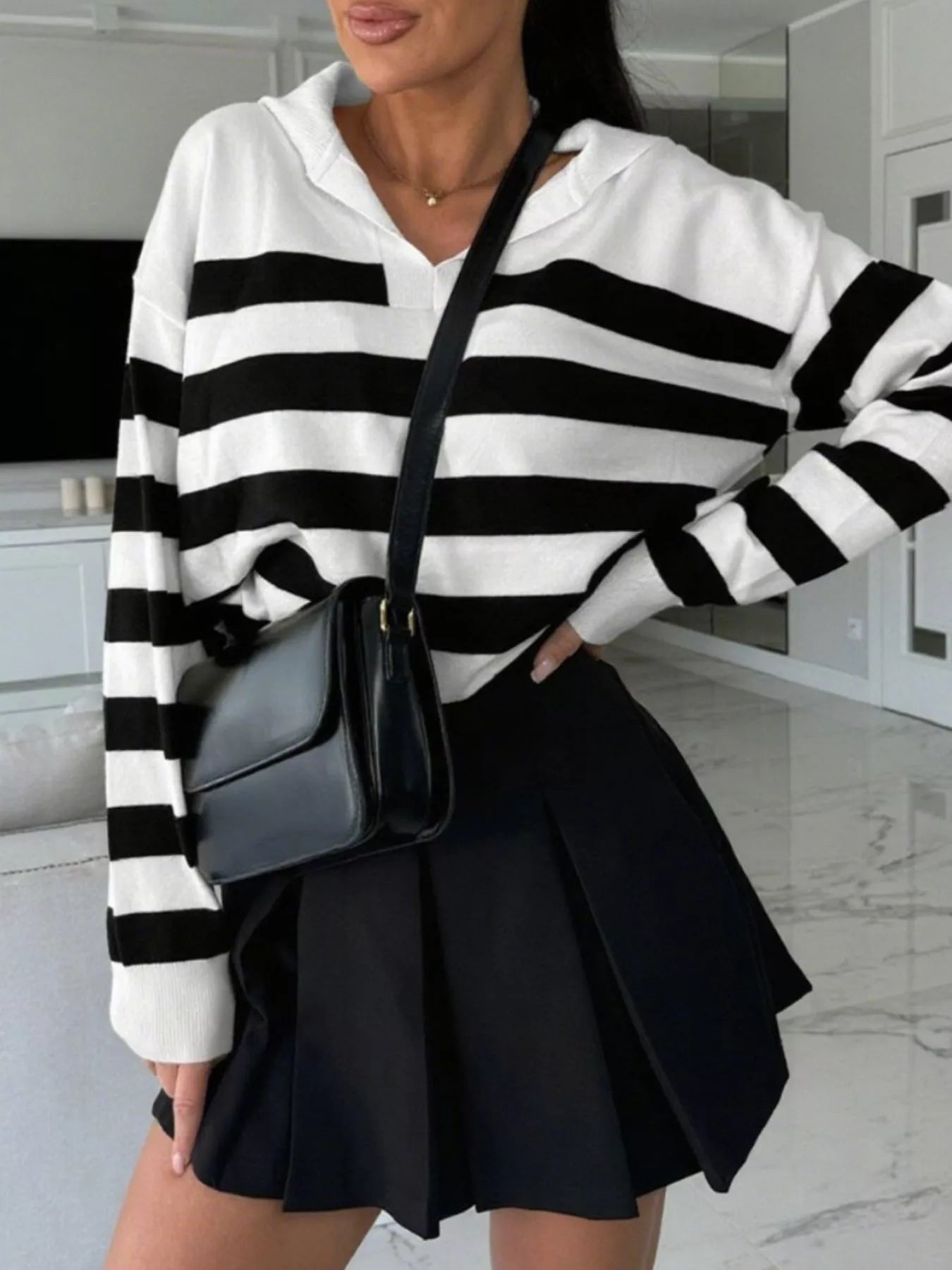 Striped Dropped Shoulder Knit Top White