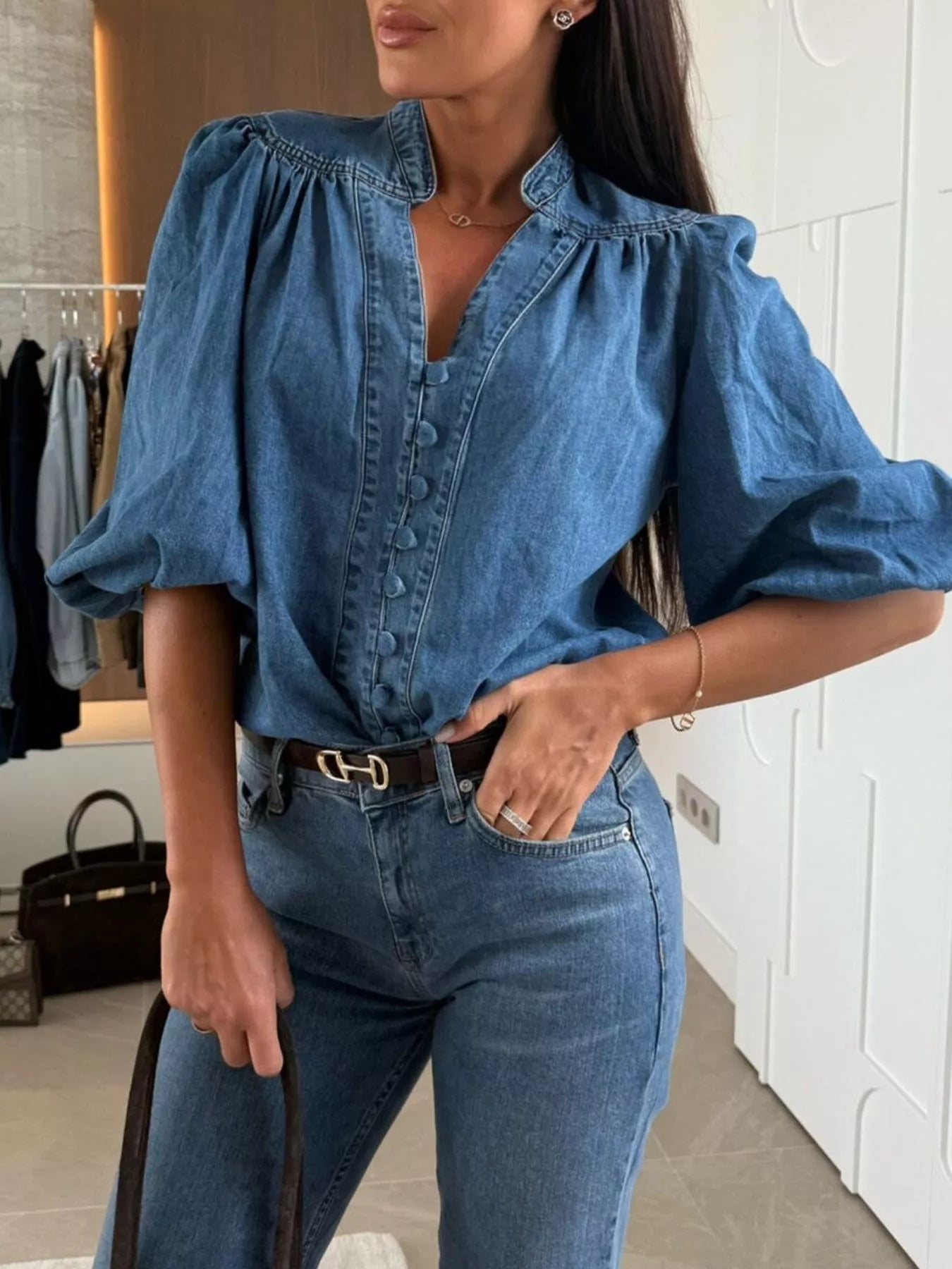 Button-Down Puff Sleeve Denim Top