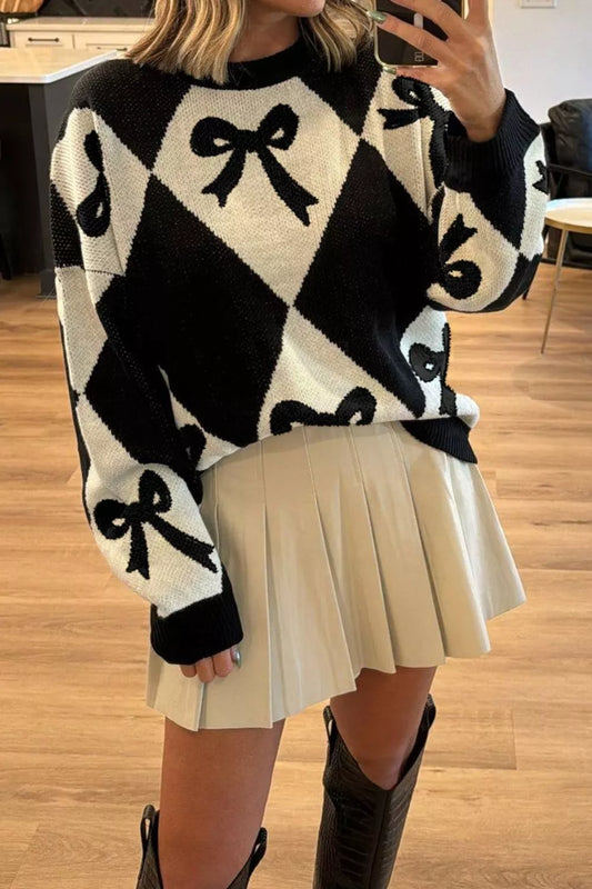 Bow Pattern Long Sleeve Contrast Sweater