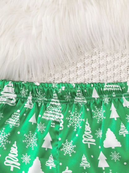 Children's Christmas Tree Print Fluffy Cuff Pajama Set
