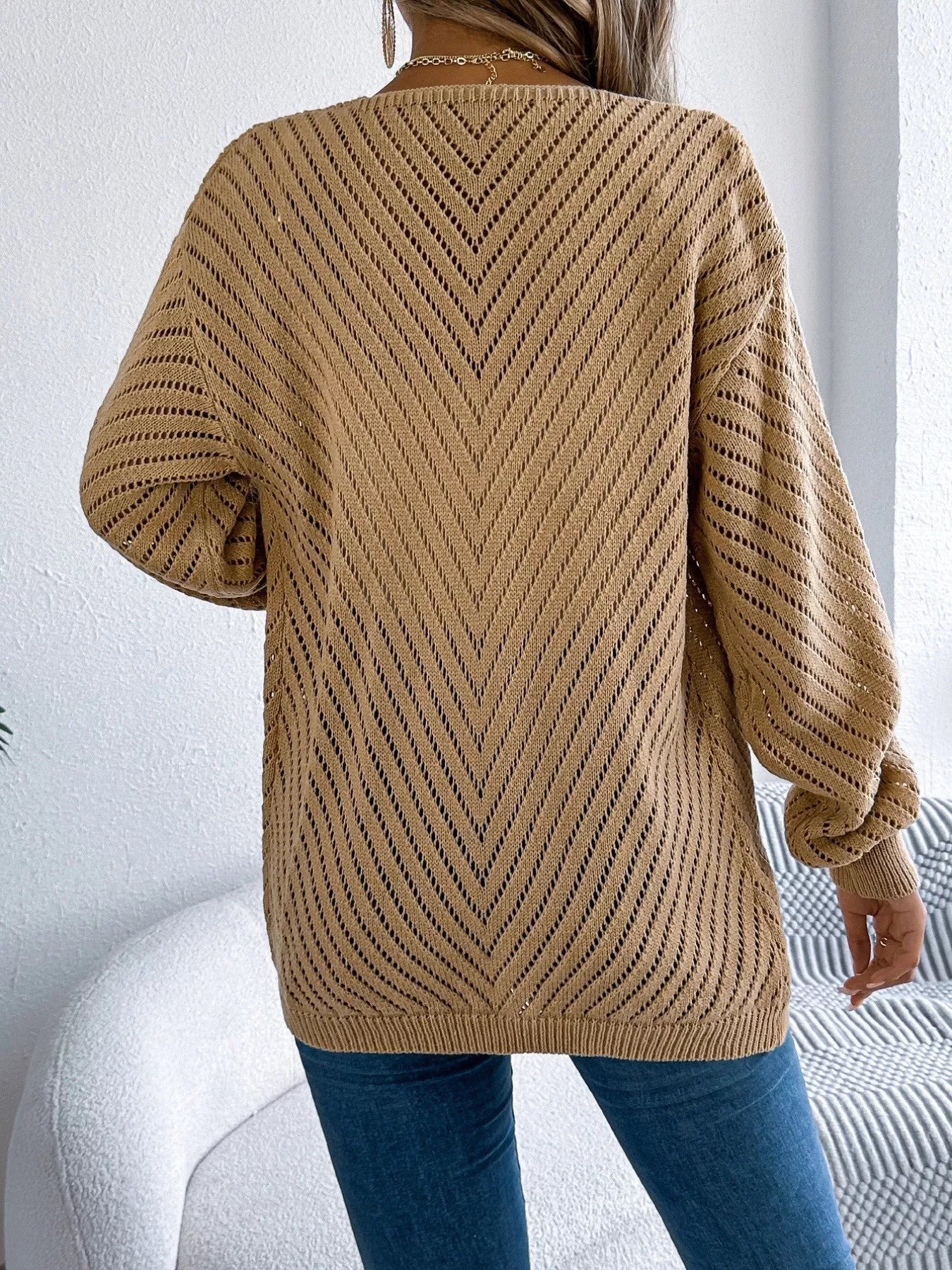 Openwork Open-Front Long Sleeve Cardigan