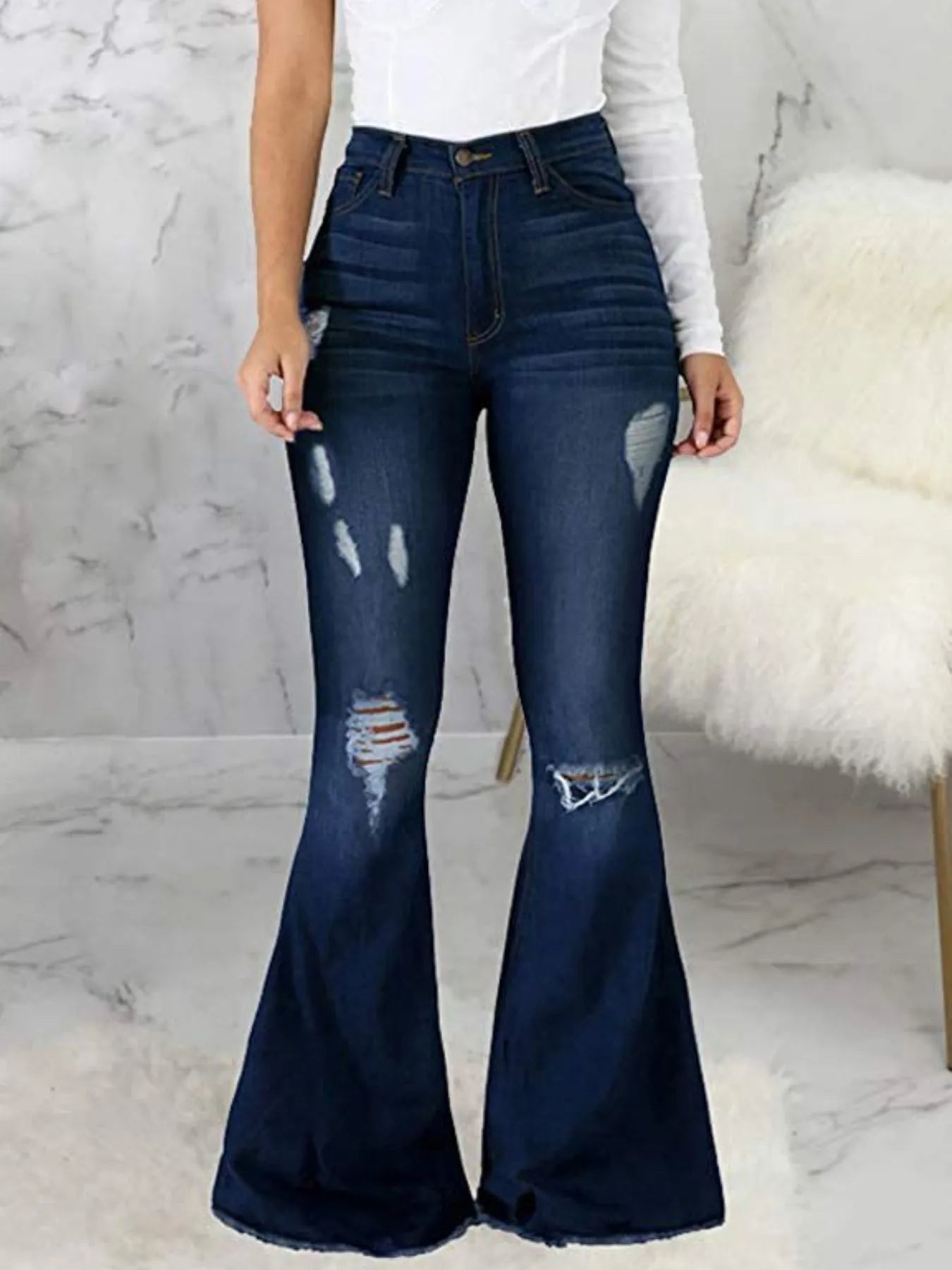 Full Size Distressed Raw Hem Flare Jeans Plus Size Dark Blue