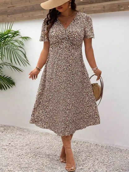 Plus Size Printed V-Neck Short Sleeve Midi Dress Coffee Brown