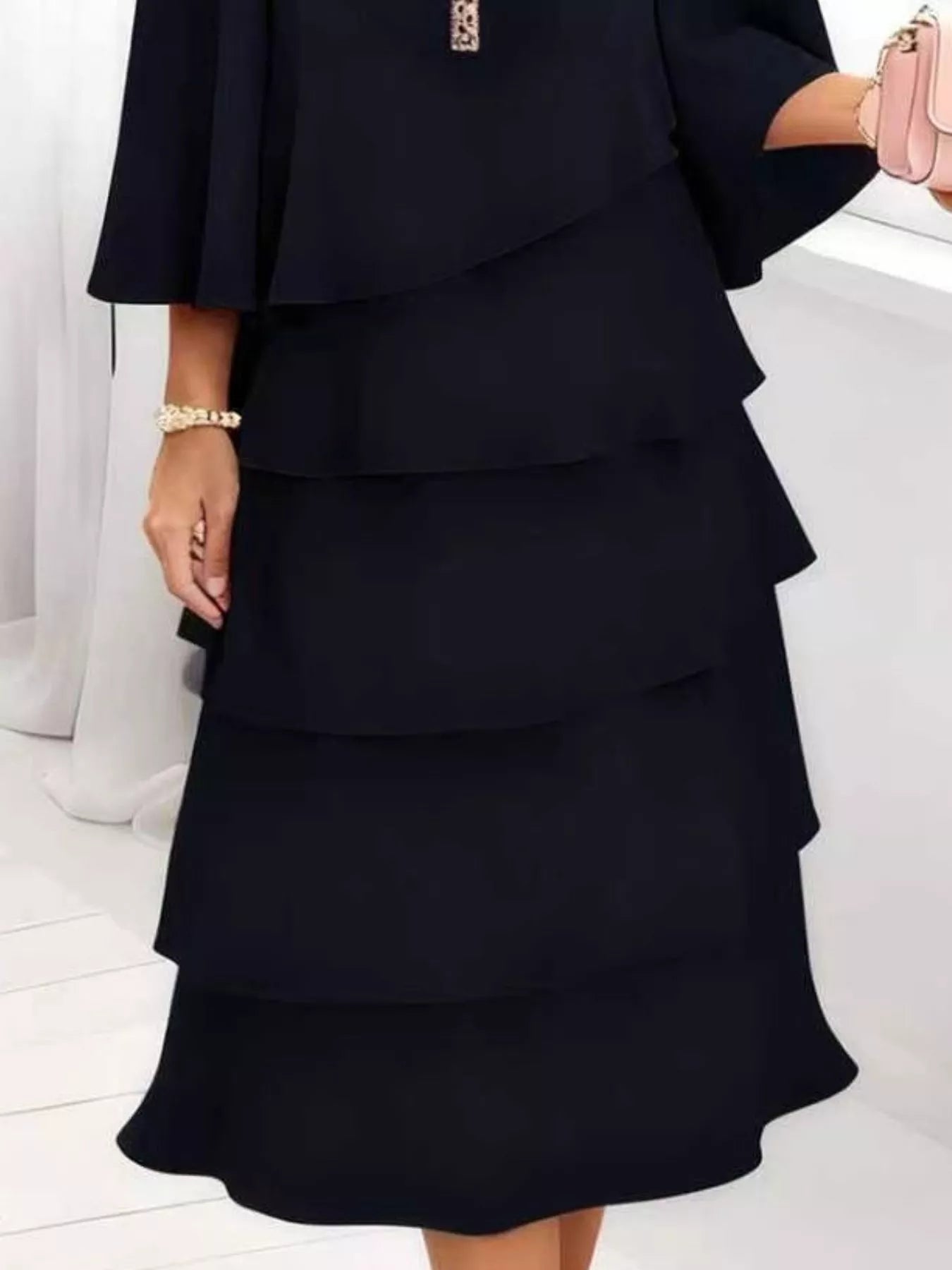 Full Size Ruffled Layered 3/4 Sleeve Dress Plus Size