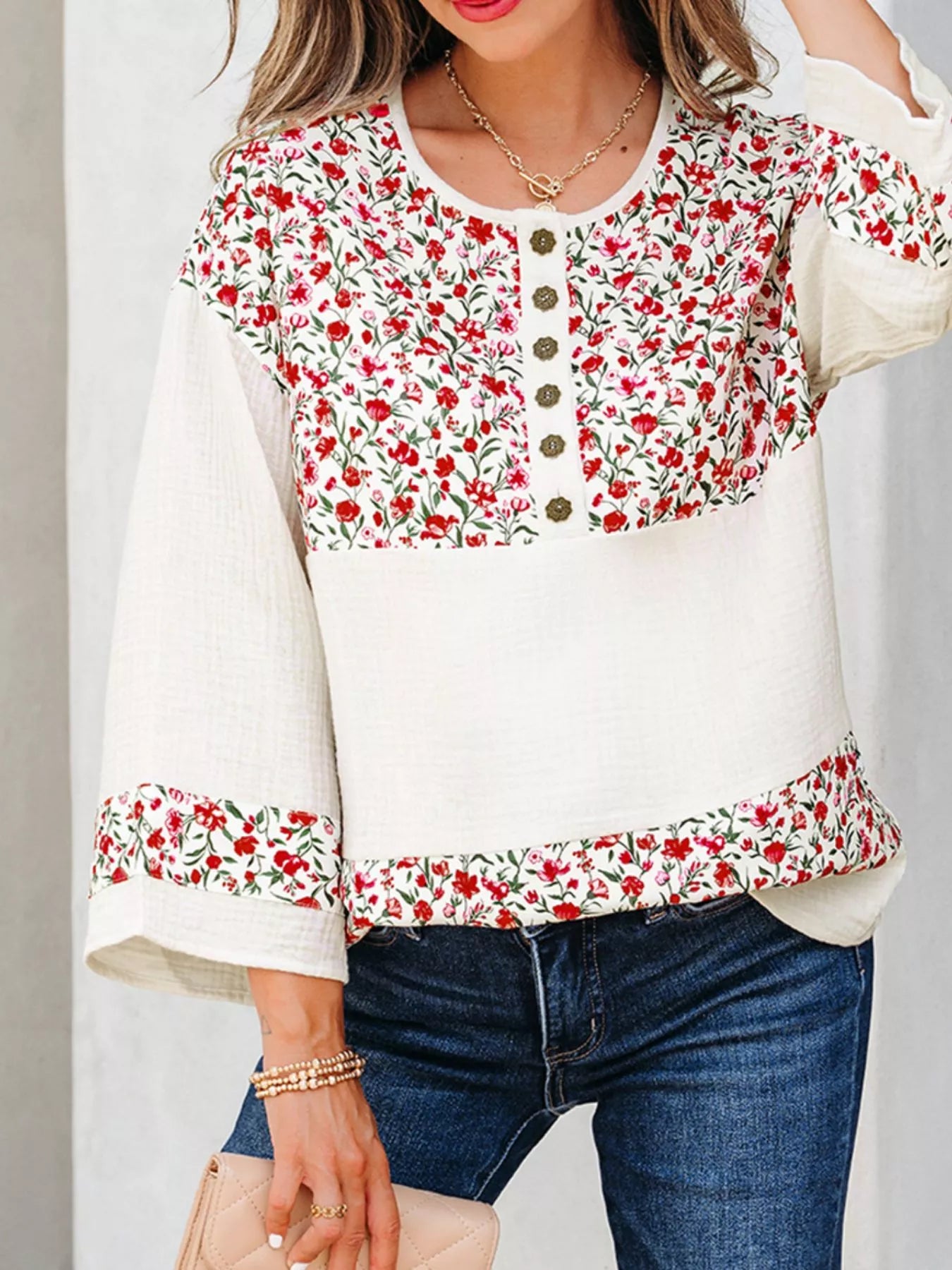 Floral Print Henley Button 3/4 Sleeve Blouse
