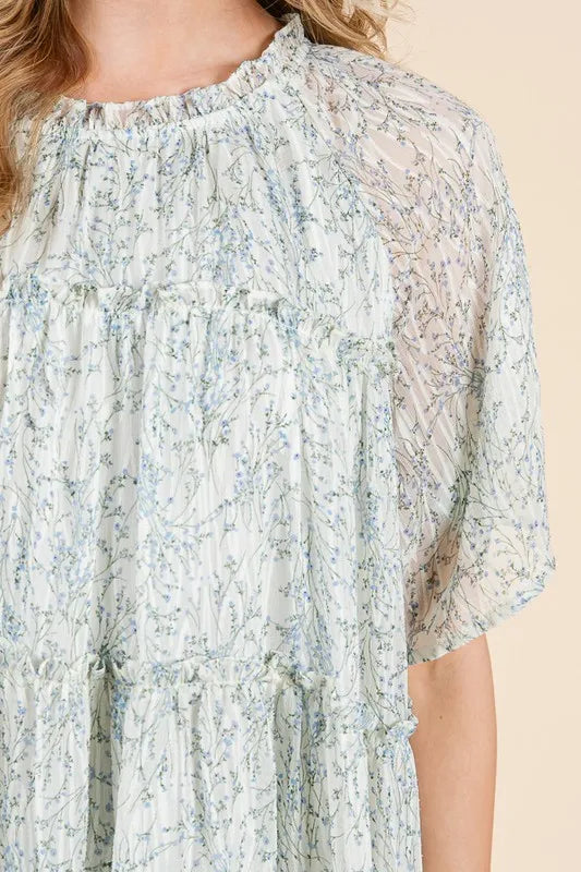 Lime 'N' Chili Ditsy Floral Print Sheer Ruffle Detail Mini Dress