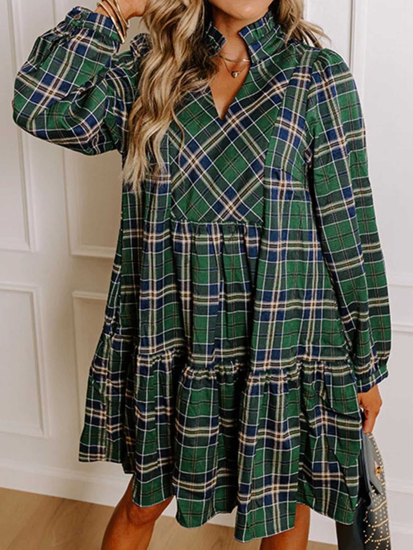 Plaid Frilly Collar Long Sleeve Shift Mini Dress Dark Green