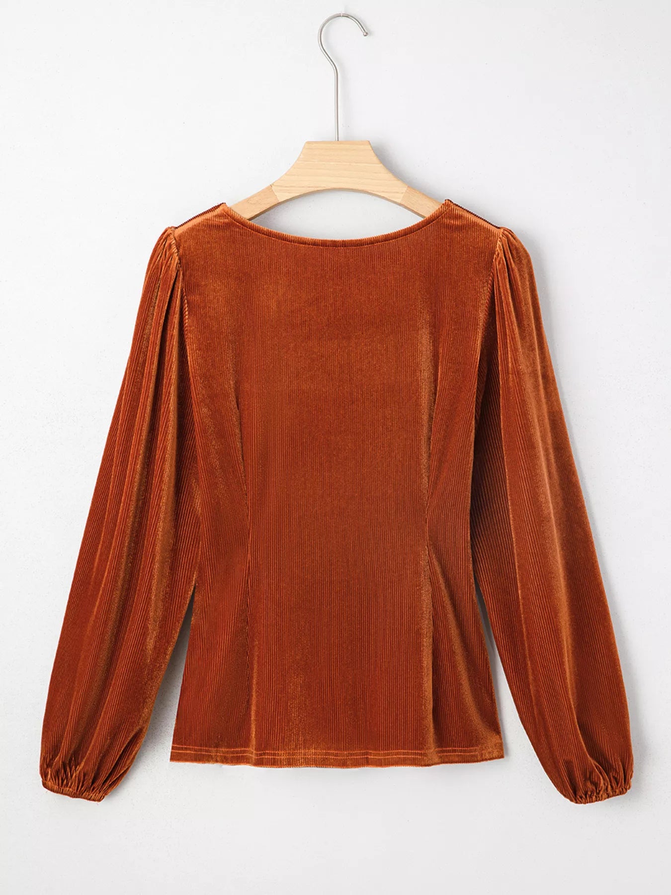 Velvet Ribbed Texture Square Neck Slim Puff Sleeve Top