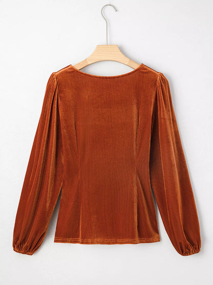 Velvet Ribbed Texture Square Neck Slim Puff Sleeve Top