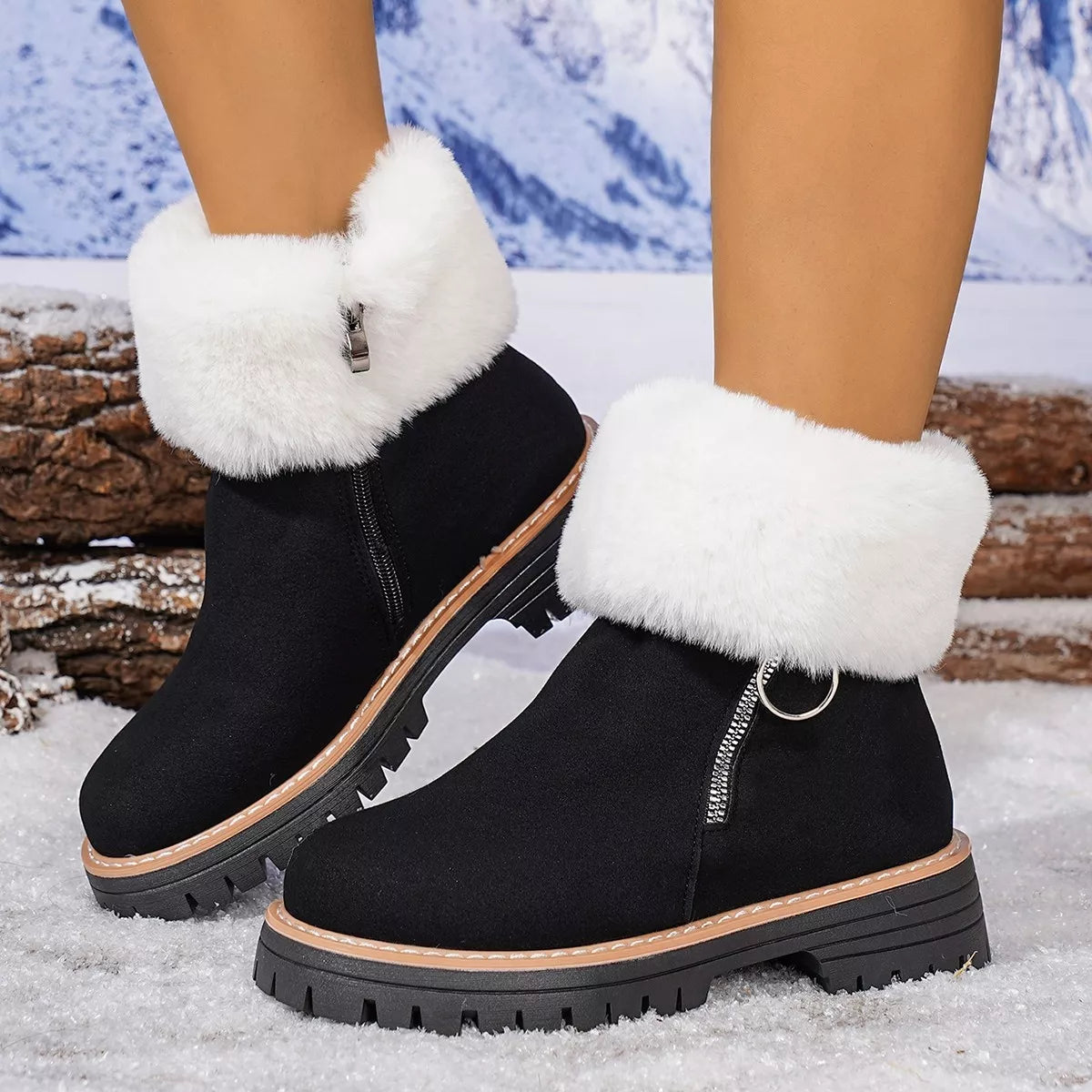Fuzzy Ankle Boots with Zipper Detail Black